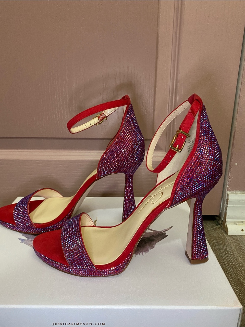 Jessica Simpson Red Suede Ankle-Strap Heels with Crystal Strap - Picture 3 of 8